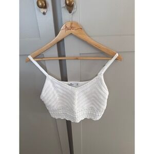 Hollister White Crochet Knit Crop Cami Womens Medium Boho Scalloped Hem V-Neck